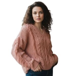 FCT with Love Women's Pink Cable Knit with Fringe Sweater Size 1x